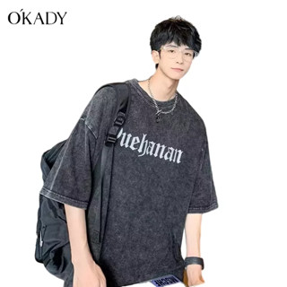 OKADY อเมริกันย้อนยุคขนาดใหญ่แขนสั้นเสื้อยืดผู้ชายฤดูร้อนล้างเสื้อยืดพิมพ์หลวมครึ่งแขน