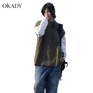 OKADY เสื้อกั๊กถักแบบบิดเกลียวสําหรับผู้ชายและผู้หญิงสไตล์ญี่ปุ่นย้อนยุคฤดูใบไม้ร่วงเสื้อกันหนาวหลวมสบาย ๆ