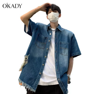 OKADY เสื้อเชิ้ตยีนส์แขนสั้นทรงหลวมสไตล์อเมริกันย้อนยุคสำหรับผู้ชาย