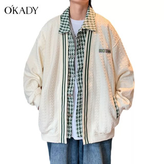 OKADY ผู้ชายคอสี่เหลี่ยมแขนยาวด้านบนใหม่ทุกวันฤดูใบไม้ร่วงเสื้อลายสก๊อตพิมพ์แฟชั่นแนวโน้มแจ็คเก็ต