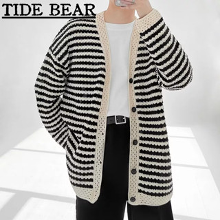 TIDE BEAR เสื้อถักผู้ชาย เกาหลีย้อนยุคสบายๆ ระดับไฮเอนด์ลายกลวงคาร์ดิแกนแฟชั่นยาว-แขน