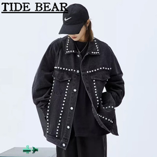 TIDE BEAR เสื้อยีนส์ผู้ชาย อเมริกันเรโทรถนน ฮิปฮอปประดับด้วยลูกปัด,การออกแบบระดับไฮเอนด์,คู่อารมณ์,ล้าง,ย้อนยุค,สมัยเก่า