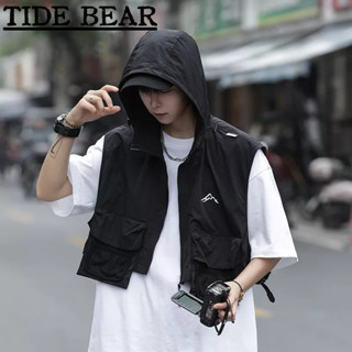 TIDE BEAR เสื้อกั๊กผู้ชาย เกาหลีย้อนยุคสบายๆ ลักษณะการทำงานมีฮู้ดเสื้อสั้นเสื้อ