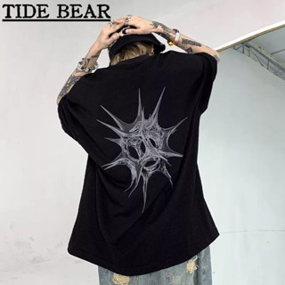 TIDE BEAR เสื้อยืดผู้ชาย อเมริกันเรโทรถนน แฟชั่นสูงหนามผิดปกติทรงกลมรอบคอแขนสั้นด้านบน