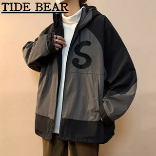 TIDE BEAR เสื้อผู้ชาย อเมริกันเรโทรถนน ฟังก์ชั่นมีฮู้ดย้อนยุคเย็บคมชัดสีปักซิปแจ็คเก็ต