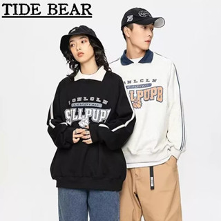 TIDE BEAR เสื้อกันหนาวผู้ชาย อเมริกันเรโทรถนน ผู้ชายและผู้หญิงหลวมสบายๆจดหมายหมวกพิมพ์ออกแบบแขนยาวเสื้อยืด