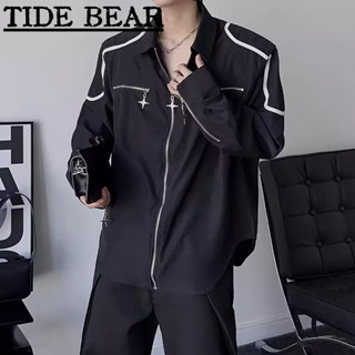 TIDE BEAR เสื้อผู้ชาย อเมริกันเรโทรถนน ดาวคู่ซิปลาย-แขนยาวด้านบนหลวม