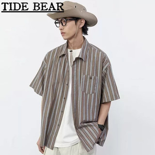 TIDE BEAR เสื้อผู้ชาย เกาหลีย้อนยุคแขนสั้นลำลอง ลายพิมพ์ด้านบนแขนห้าจุดหลวมพิมพ์