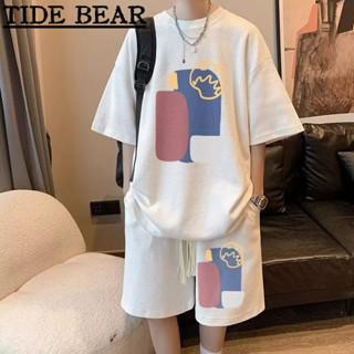 TIDE BEAR ชุดสูทผู้ชาย อเมริกันเรโทรถนน วาฟเฟิลเย็นและหล่อแฟชั่นคู่กางเกงขาสั้นชุดสองชิ้น