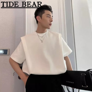 TIDE BEAR เสื้อยืดผู้ชาย เกาหลีย้อนยุคแขนสั้นลำลอง ความรู้สึกระดับไฮเอนด์ของสีทึบปลอมสองชิ้นไหล่เบาะเล็กๆด้านบนแฟชั่น