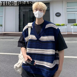 TIDE BEAR เสื้อกั๊กผู้ชาย เกาหลีย้อนยุคสบายๆ คอวีหลวมกระชับลายคมชัดเสื้อที่เรียบง่าย