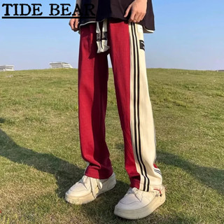 TIDE BEAR กางเกงผู้ชาย อเมริกันย้อนยุคถนนสีแดงและสีดำตรงหลวมสบายกีฬากว้าง-ขาลำแสงเท้า