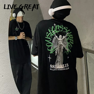 LIVE GREAT เสื้อยืดผู้ชายแขนสั้นเสื้อยืดพิมพ์ลายย้อนยุคสไตล์ฮ่องกงยอดนิยมแขนสั้นด้านบน