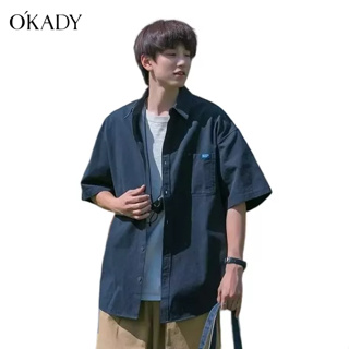 OKADY ฤดูร้อนใหม่ ins เยาวชนยอดนิยมแขนสามส่วนอินเทรนด์สบาย ๆ ขี้เกียจทั้งหมดตรงกับเสื้อเชิ้ตผู้ชาย