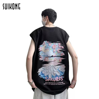 Suikone เสื้อกั๊กผู้ชายสไตล์อเมริกันไฮสตรีทแบรนด์ฮิปฮอปผ้าฝ้ายหนักหลวมเสื้อยืดแขนกุดกีฬาคุณภาพสูง