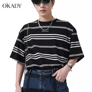 OKADY ใหม่เยาวชนนิยมลายเสื้อยืดคอกลมสไตล์เมืองแฟชั่นผู้ชายมาตรฐานแขนสั้นด้านบน