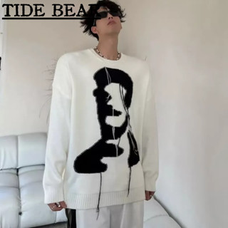 TIDE BEAR เสื้อถักผู้ชาย อเมริกันเรโทรถนน อักขระพิมพ์พู่หลวมสบายๆคอเต่าเสื้อกันหนาว