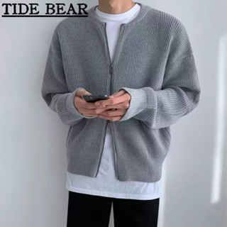 TIDE BEAR เสื้อถักผู้ชาย เกาหลีย้อนยุคสบายๆ หลวมแนวตั้งลายญี่ปุ่นซิปสไตล์วิทยาลัยเสื้อกันหนาวแจ็คเก็ต