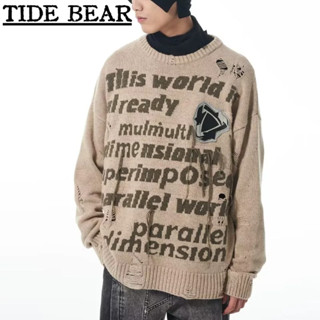 TIDE BEAR เสื้อถักผู้ชาย เกาหลีย้อนยุคสบายๆ แฟชั่นฉีกตัวอักษรพิมพ์เสื้อกันหนาว