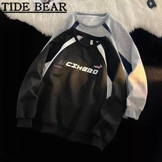 TIDE BEAR เสื้อกันหนาวผู้ชาย อเมริกันเรโทรถนน วรรณกรรมและศิลปะอย่างตัวอักษรพิมพ์คมชัดสีรอบคอเสื้อลำลองด้านบน