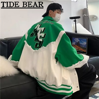 TIDE BEAR เสื้อผู้ชาย อเมริกันเรโทรถนน เย็บปักถักร้อยตัวอักษร,เย็บขอบดิบ,แจ็คเก็ตแฟชั่นระดับไฮเอนด์