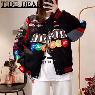 TIDE BEAR เสื้อผู้ชาย อเมริกันเรโทรถนน เดียวกระดุมตัวอักษรชิ้นเดียวคู่ข้อความดิจิตอลแฟชั่นแขนยาวสั้นแจ็คเก็ต