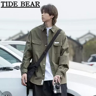 TIDE BEAR เสื้อผู้ชาย เกาหลีย้อนยุคสบายๆ กระเป๋าคู่สีทึบแฟชั่นสูงแขนยาวด้านบน