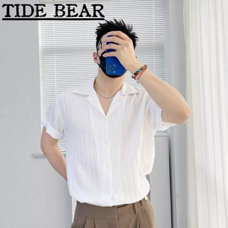 TIDE BEAR เสื้อโปโลผู้ชาย เกาหลีย้อนยุคแขนสั้นลำลอง แสงระดับไฮเอนด์หรูหราลายแนวตั้งหลวมผ้าม่านไม่ใช่เหล็กครึ่งแขนด้านบน