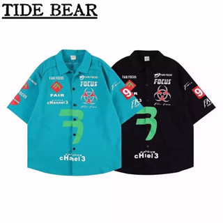 TIDE BEAR เสื้อผู้ชาย อเมริกันย้อนยุคถนนแขนสั้น สีจับคู่แฟชั่นฉ1ชุดแข่งผ้าฝ้ายตัวอักษรพิมพ์ด้านบน