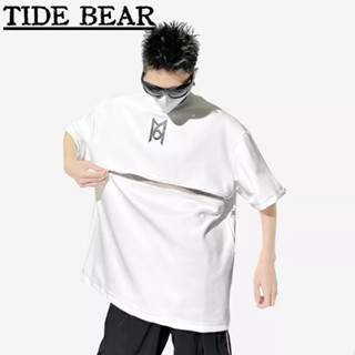 TIDE BEARเสื้อยืดผู้ชาย อเมริกันเรโทรถนน โลหะหนึ่งคำซิปออกของเหลวสามมิติพิมพ์ครึ่งแขนด้านบน