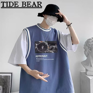 TIDE BEAR เสื้อยืดผู้ชาย อเมริกันย้อนยุคถนนแขนสั้น นักบินอวกาศสองชิ้นปลอมพิมพ์แฟชั่นรอบคอด้านบน