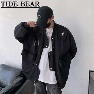 TIDE BEAR เสื้อผู้ชาย อเมริกันเรโทรถนน เย็บปักถักร้อยสไตล์คู่ทำงาน แฟชั่นระดับไฮเอนด์หลวมออกแบบที่ไม่สม่ำเสมอแจ็คเก็ต