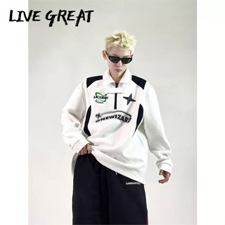 LIVE GREAT เสื้อสเวตเตอร์ผู้ชาย ชุดแข่งมอเตอร์ไซค์เรโทรอเมริกัน โปโล เสื้อแขนยาว คอปก ซิปหน้า ไหล่คู่ ไฮสตรีท