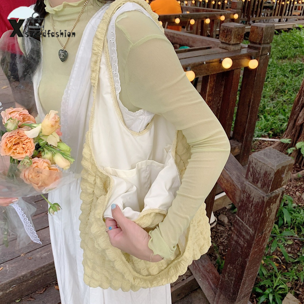 xspeedfashion(X1814) กระเป๋าผ้าย่น ทรงนิ่ม ผ้ายับ สุดน่ารักแนวเกาหลี