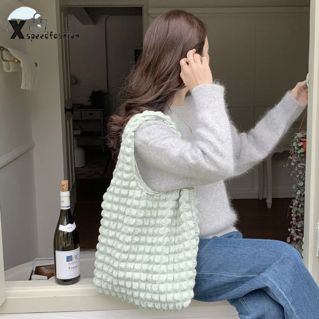 xspeedfashion(X1814) กระเป๋าผ้าย่น ทรงนิ่ม ผ้ายับ สุดน่ารักแนวเกาหลี