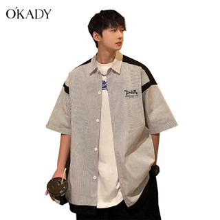 OKADY ฤดูร้อนใหม่ของผู้ชายแนวย้อนยุคเสื้อเชิ้ตลายปักญี่ปุ่นหลวมแขนสั้นเสื้อคู่