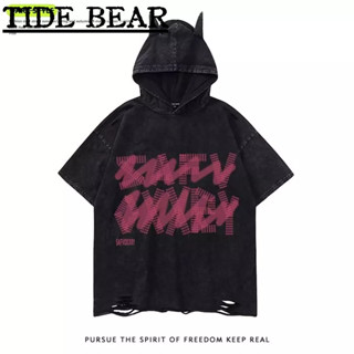 TIDE BEAR เสื้อยืดผู้ชาย อเมริกันถนนสไตล์เมืองหมวกขาวพิมพ์แฟชั่นด้านบน