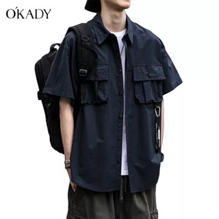 OKADY ใหม่ Retro ญี่ปุ่นเครื่องมือล้างเสื้อแขนสั้นผู้ชายอินเทรนด์แบรนด์หลวมสบายๆ