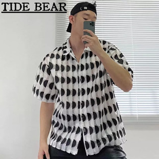 TIDE BEAR เสื้อผู้ชาย เวอร์ชั่นเกาหลีของย้อนยุคลำลองฤดูร้อนสีดำและสีขาวเกลียวพิมพ์ระดับไฮเอนด์หลวมแฟชั่