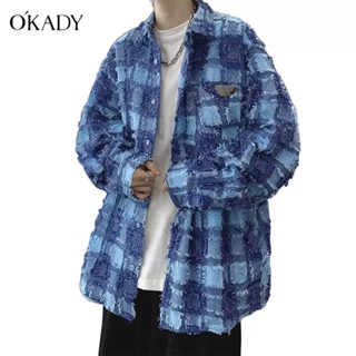 OKADY เสื้อเชิ้ตแขนยาวผู้ชายสไตล์เกาหลีเทรนด์ใหม่หล่อเสื้อเชิ้ตลายสก๊อตพู่หลวม