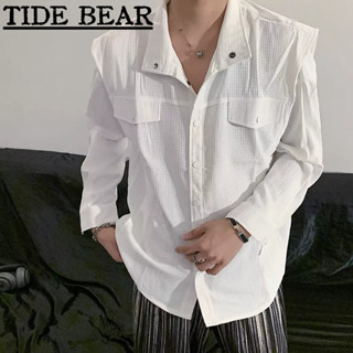 TIDE BEAR เสื้อผู้ชาย เกาหลีย้อนยุคสบายๆ ความรู้สึกระดับไฮเอนด์ของสีทึบแฟชั่นสอง-กระเป๋าวรรณกรรมที่เรียบง่ายแขนยาวด้านบน