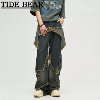 TIDE BEAR กางเกงยีนส์ผู้ชาย อเมริกันเรโทรถนน ดาวแพทช์คู่ตรงขากว้าง