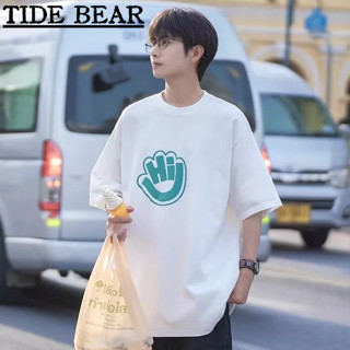 TIDE BEAR เสื้อยืดผู้ชาย เกาหลีย้อนยุคสบายๆ จดหมายพิมพ์แขนสั้นสไตล์คู่หลวม