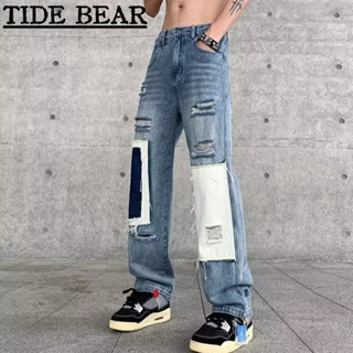 TIDE BEAR กางเกงยีนส์ผู้ชาย อเมริกันถนนสูง สีดำและสีขาวเย็บเฉพาะออกแบบความรู้สึกขอทานหลุมกางเกงลำลองตรง