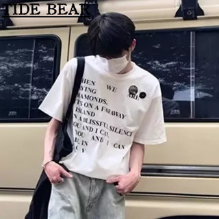 TIDE BEAR เสื้อยืดผู้ชาย อเมริกันย้อนยุคถนนแขนสั้น จดหมายพิมพ์แฟชั่นผ้าฝ้ายหลวมด้านบน