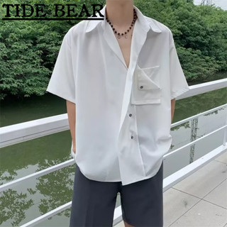 TIDE BEAR เสื้อผู้ชาย เกาหลีย้อนยุคแขนสั้นลำลอง ระดับไฮเอนด์บางน้ำแข็งผ้าไหมสีทึบหลวมแฟชั่นชั้นนำ