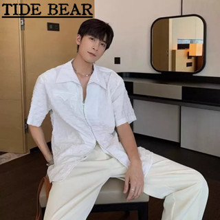 TIDE BEAR เสื้อผู้ชาย เกาหลีย้อนยุคแขนสั้นลำลอง Summerร้อนแฟชั่นซิปพิมพ์ระดับไฮเอนด์หลวมด้านบน