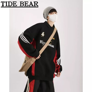 TIDE BEAR ผู้ชาย อเมริกันย้อนยุคถนนยาว-แขนลายสีดำและสีแดงตีคู่กามพิมพ์ลำลองเสื้อผ้าถนนสูง