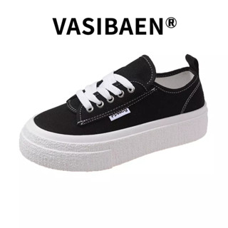 VASIBAEN  รองเท้าส้นเตี้ยสีขาวขนาดเล็กสไตล์เกาหลีจับคู่รองเท้าผ้าใบลําลองทุกคู่