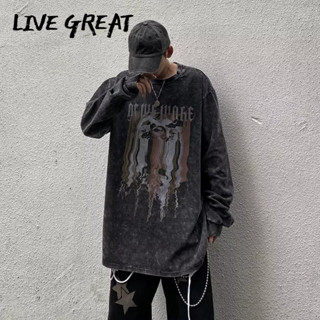 LIVE GREAT เสื้อกันหนาวผู้ชาย, แฟชั่นอินเทรนด์ใหม่, ท็อปส์ซูพิมพ์ลายถนนอเมริกัน, หลวมสบาย ๆ, เสื้อกันหนาวซักและสวมใส่ได้ทั้งหมด